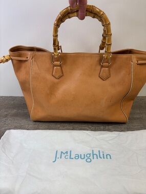 J. McLaughlin Bamboo Handle Leather Tote Tan Lamb Leather Striped Lining Bag